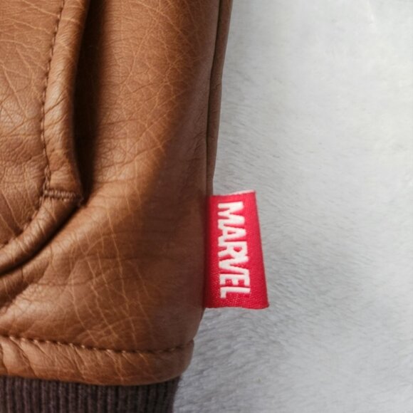 Disney Store Captain Marvel Brown Faux Leather Bomber Jacket Patch Small Unisex - Picture 12 of 16